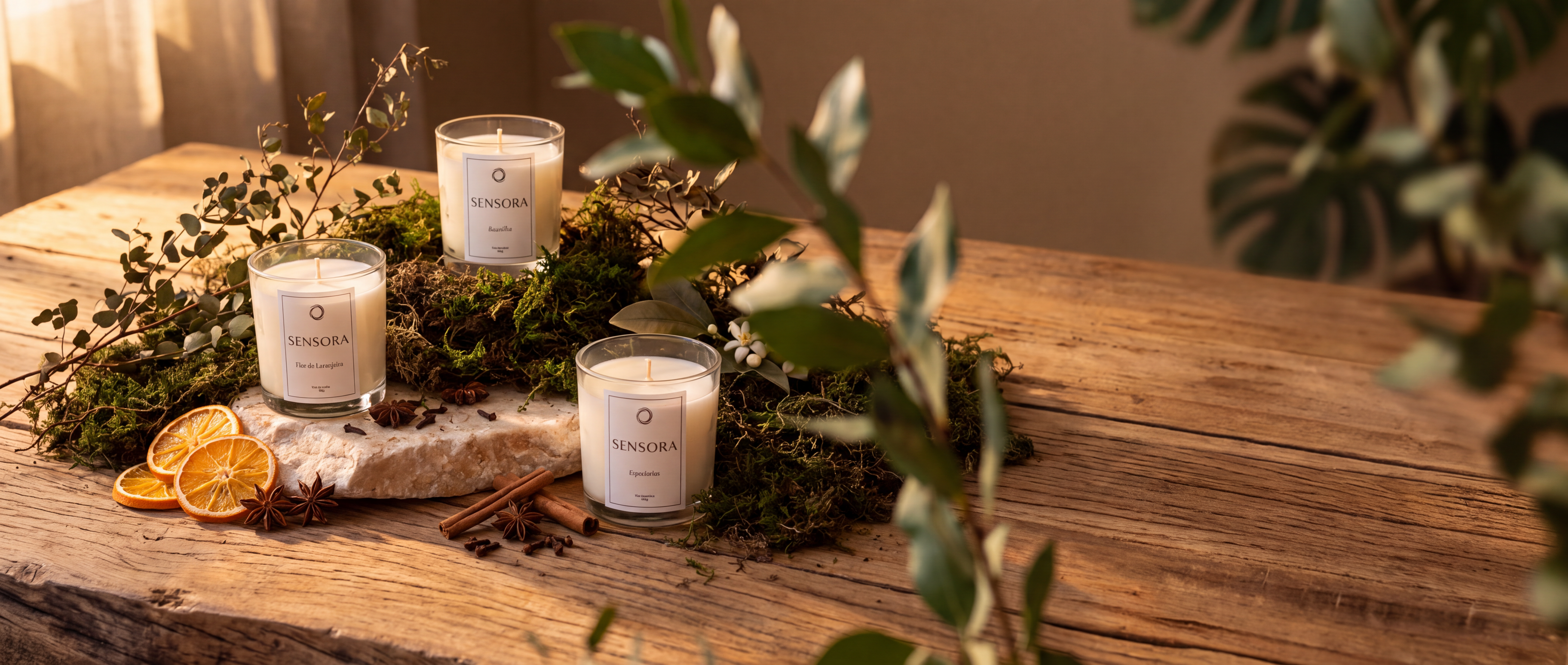 Kit de velas aromáticas 4 Estações da Sensora, com as quatro velas lado a lado sobre uma bancada